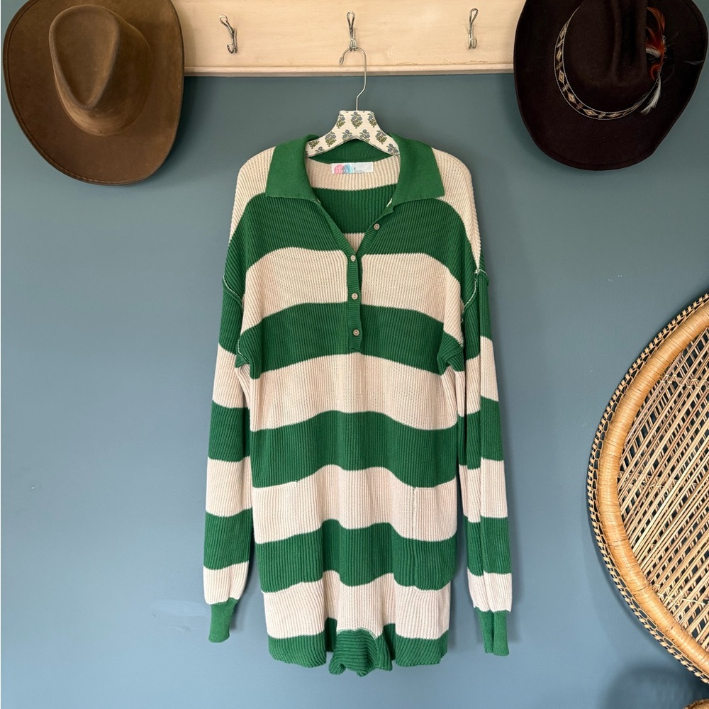 Free People FP Beach Picnic Striped Sweater Romper Kelly Green Combo Sz medium - Picture 2 of 12